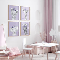 Purple Safari Animal Nursery Prints: Elephant, Giraffe, Bear, Zebra