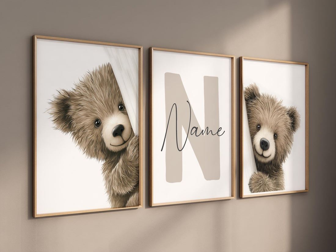 Peek a Boo Bear Nursery Wall Art Set of 3, Neutral Woodland Bear Prints