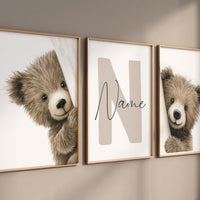 Peek a Boo Bear Nursery Wall Art Set of 3, Neutral Woodland Bear Prints