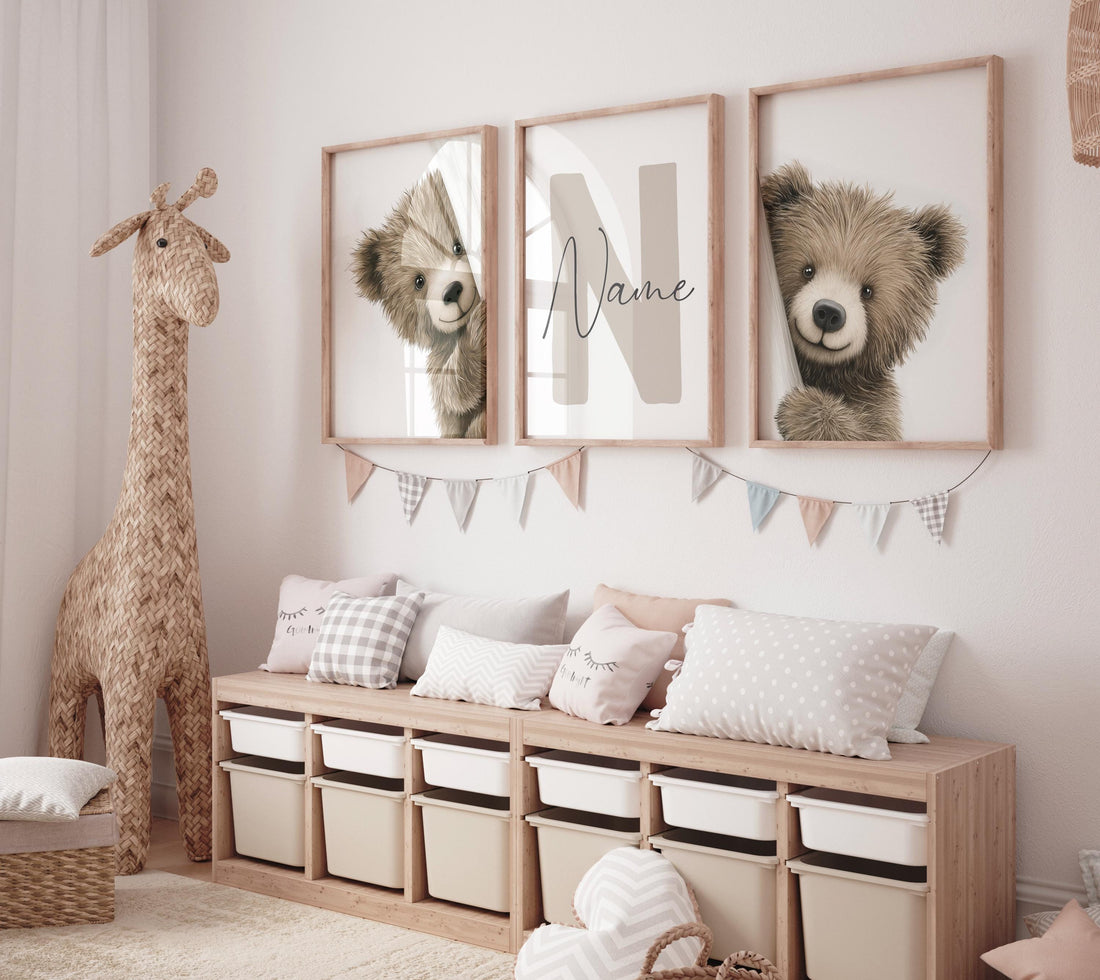 Peek a Boo Bear Nursery Wall Art Set of 3, Neutral Woodland Bear Prints