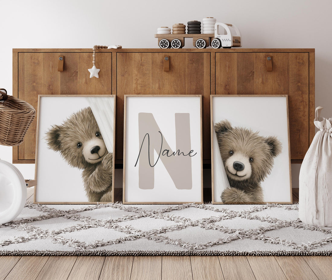 Peek a Boo Bear Nursery Wall Art Set of 3, Neutral Woodland Bear Prints