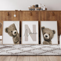 Peek a Boo Bear Nursery Wall Art Set of 3, Neutral Woodland Bear Prints