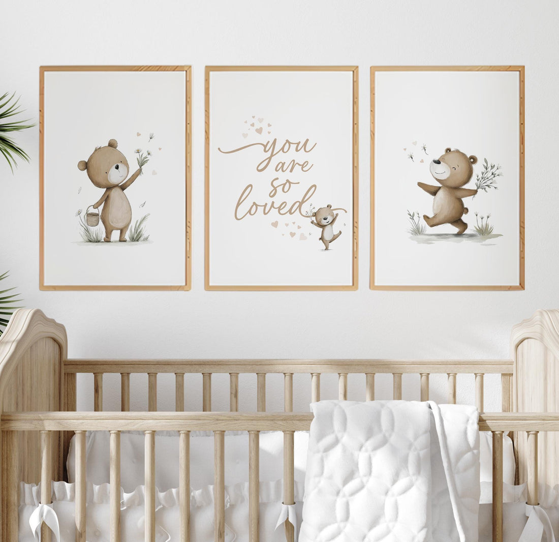 Neutral Bear Nursery Wall Art Set, You Are So Loved Print, Teddy Bear