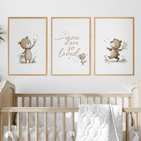 Neutral Bear Nursery Wall Art Set, You Are So Loved Print, Teddy Bear