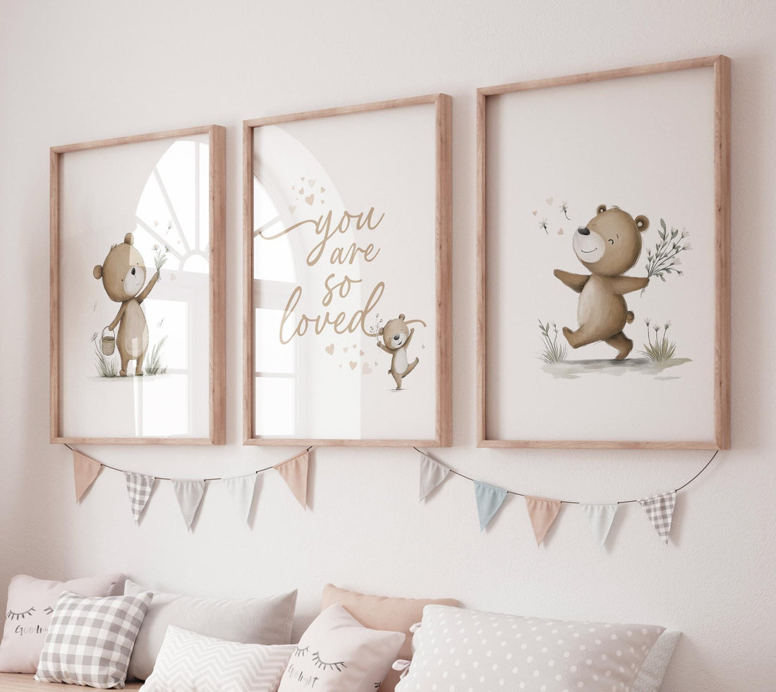 Neutral Bear Nursery Wall Art Set, You Are So Loved Print, Teddy Bear