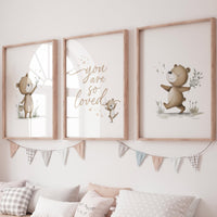 Neutral Bear Nursery Wall Art Set, You Are So Loved Print, Teddy Bear