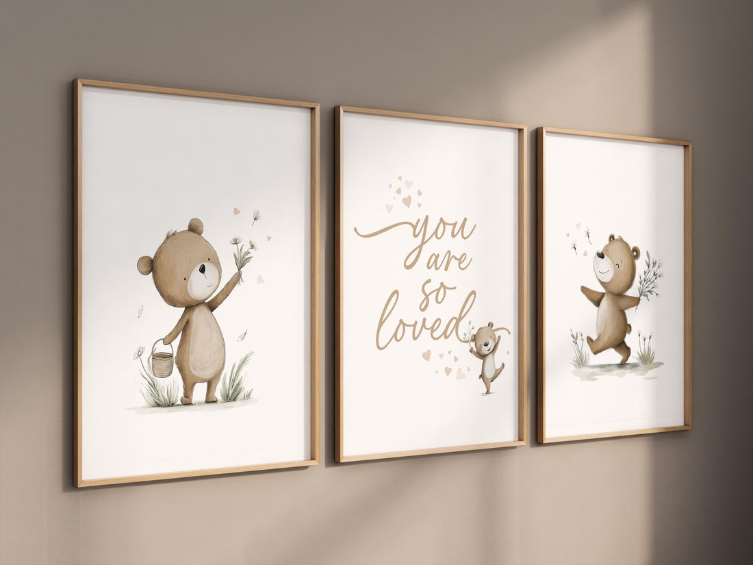 Neutral Bear Nursery Wall Art Set, You Are So Loved Print, Teddy Bear