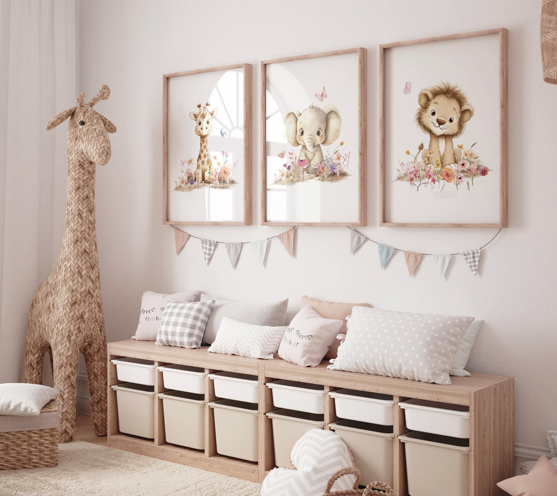 Safari Nursery Wall Art Set of 3, Neutral Baby Animal Prints