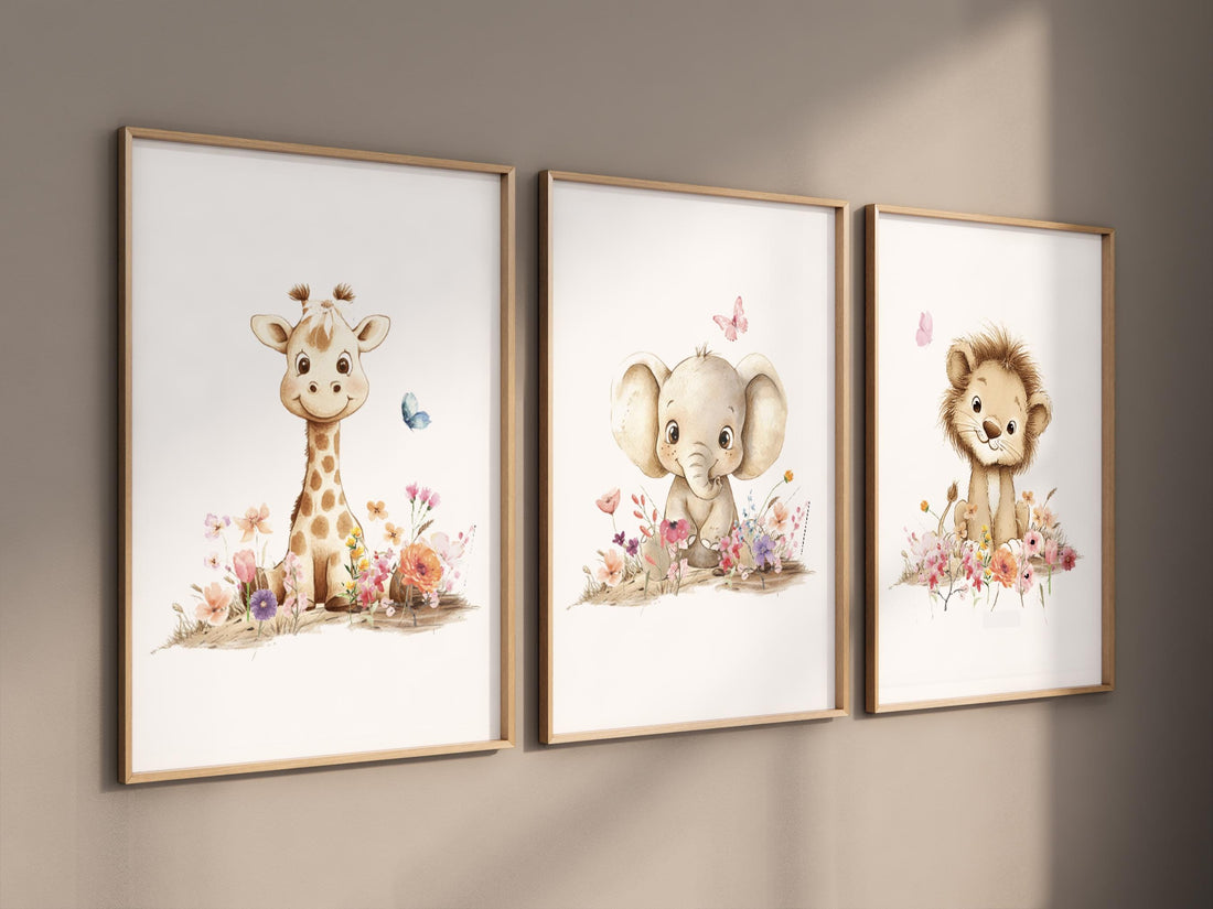 Safari Nursery Wall Art Set of 3, Neutral Baby Animal Prints