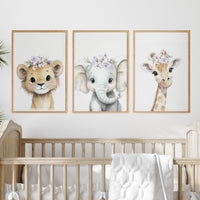 Floral Safari Animal Prints: Purple Nursery Wall Art