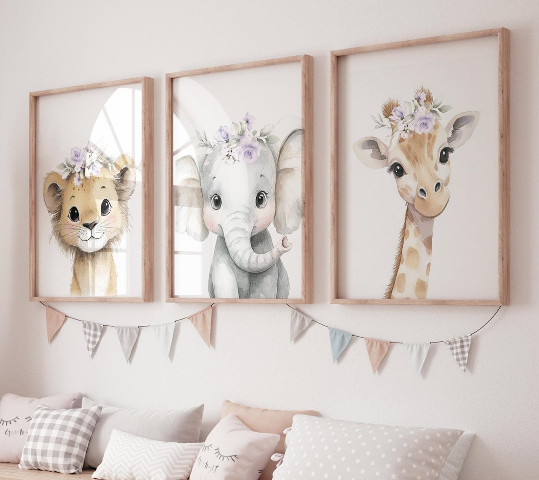 Floral Safari Animal Prints: Purple Nursery Wall Art