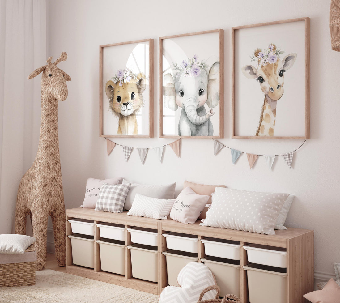 Floral Safari Animal Prints: Purple Nursery Wall Art