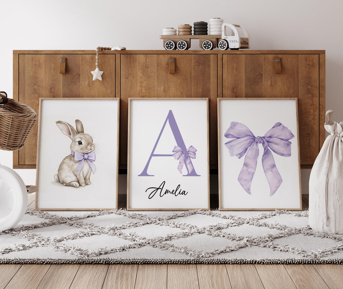 Personalized Bunny Nursery Wall Art Set of 3, Purple Bow Girl Nursery Decor