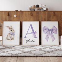 Personalized Bunny Nursery Wall Art Set of 3, Purple Bow Girl Nursery Decor