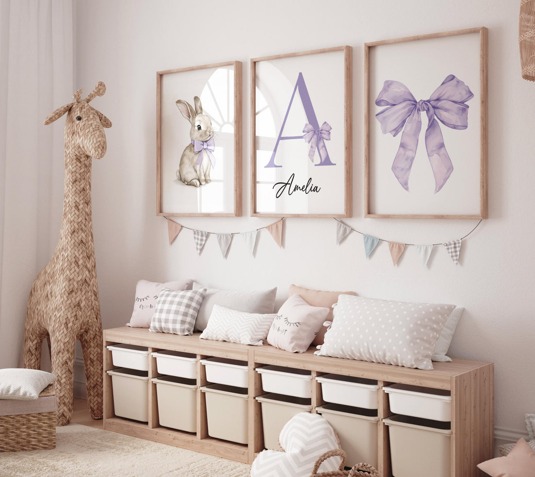 Personalized Bunny Nursery Wall Art Set of 3, Purple Bow Girl Nursery Decor