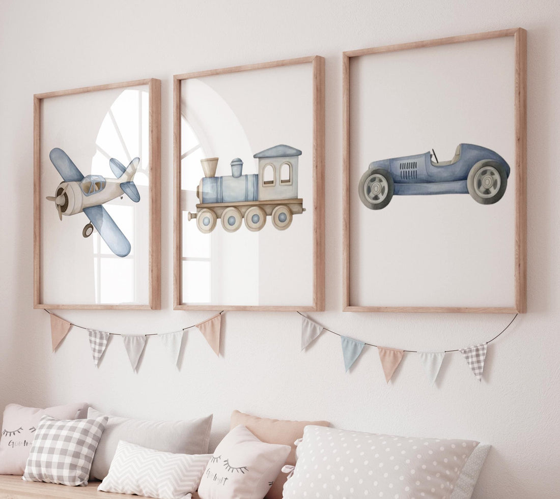 Transportation Nursery Wall Art Set, Plane Train Car Prints, Boy Nursery Decor