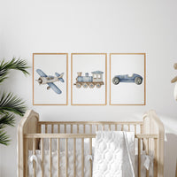 Transportation Nursery Wall Art Set, Plane Train Car Prints, Boy Nursery Decor