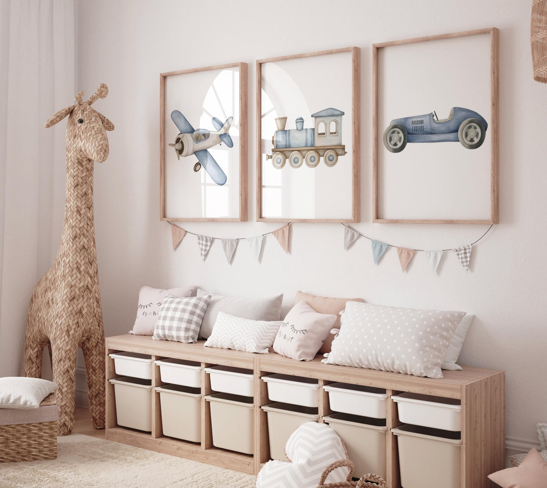 Transportation Nursery Wall Art Set, Plane Train Car Prints, Boy Nursery Decor