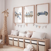 Transportation Nursery Wall Art Set, Plane Train Car Prints, Boy Nursery Decor