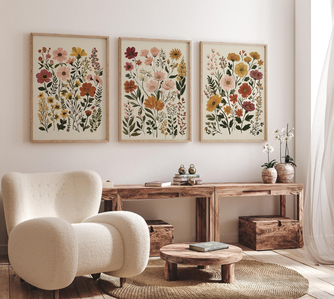 Botanical Flower Wall Art Set of 3, Neutral Floral Prints, Boho Wildflower