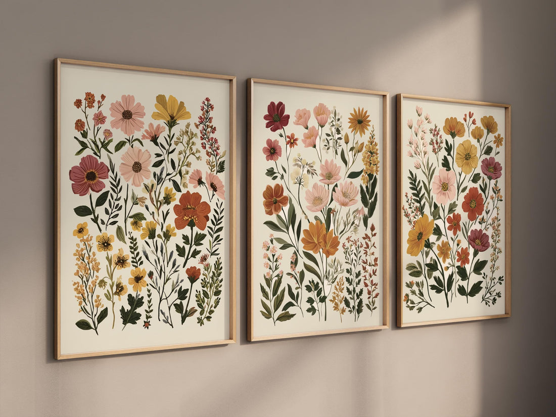 Botanical Flower Wall Art Set of 3, Neutral Floral Prints, Boho Wildflower