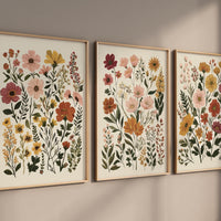 Botanical Flower Wall Art Set of 3, Neutral Floral Prints, Boho Wildflower