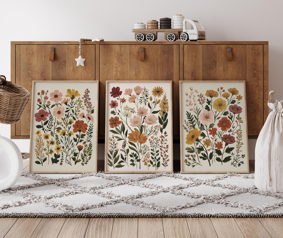 Botanical Flower Wall Art Set of 3, Neutral Floral Prints, Boho Wildflower