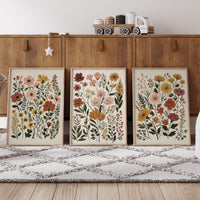 Botanical Flower Wall Art Set of 3, Neutral Floral Prints, Boho Wildflower