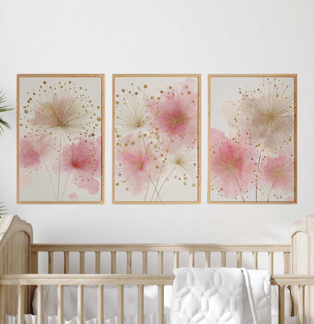 Pink Floral Nursery Wall Art Set, Blush Gold Flower Prints