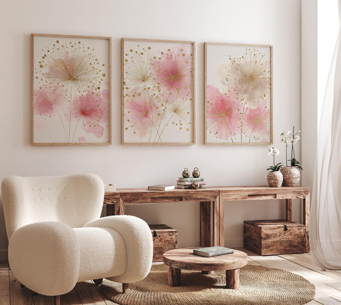 Pink Floral Nursery Wall Art Set, Blush Gold Flower Prints
