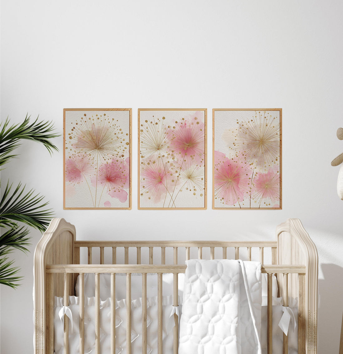 Pink Floral Nursery Wall Art Set, Blush Gold Flower Prints