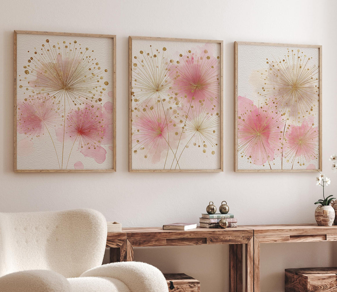 Pink Floral Nursery Wall Art Set, Blush Gold Flower Prints