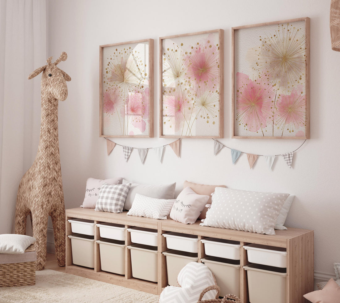 Pink Floral Nursery Wall Art Set, Blush Gold Flower Prints