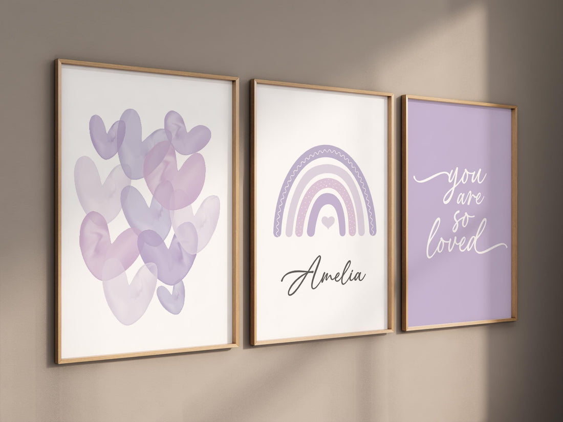 Purple Nursery Wall Art Set, Rainbow Name Print, You Are So Loved Poster