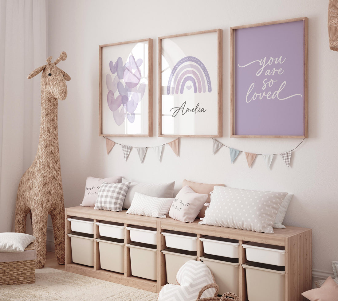 Purple Nursery Wall Art Set, Rainbow Name Print, You Are So Loved Poster