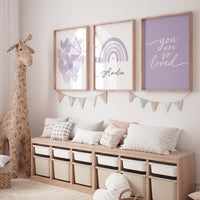 Purple Nursery Wall Art Set, Rainbow Name Print, You Are So Loved Poster