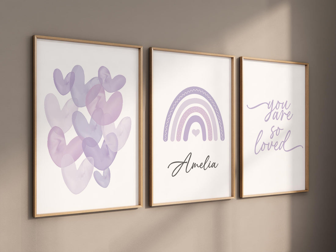 You Are So Loved Nursery Wall Art Set, Purple Rainbow Print