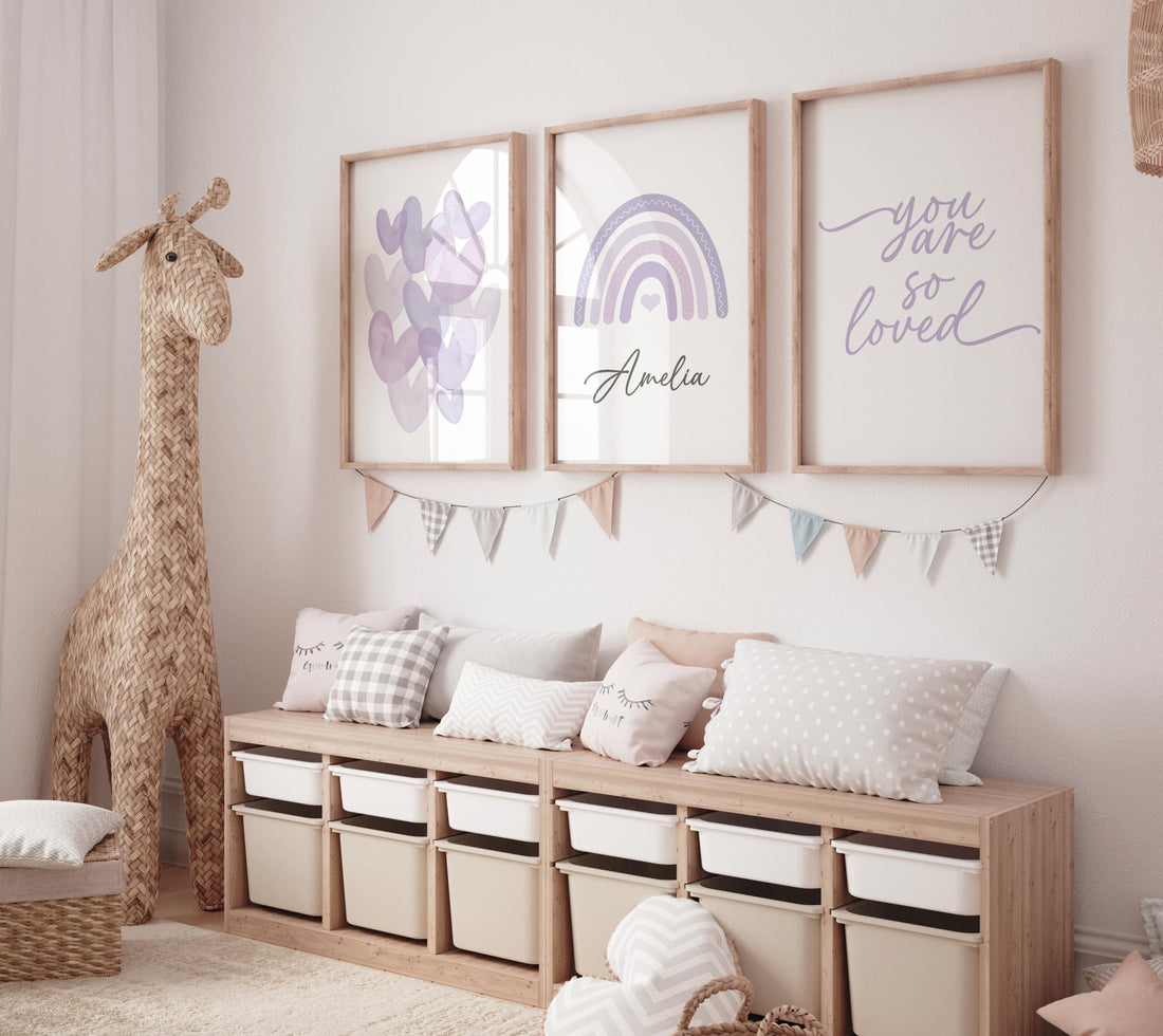 You Are So Loved Nursery Wall Art Set, Purple Rainbow Print