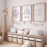 You Are So Loved Nursery Wall Art Set, Purple Rainbow Print