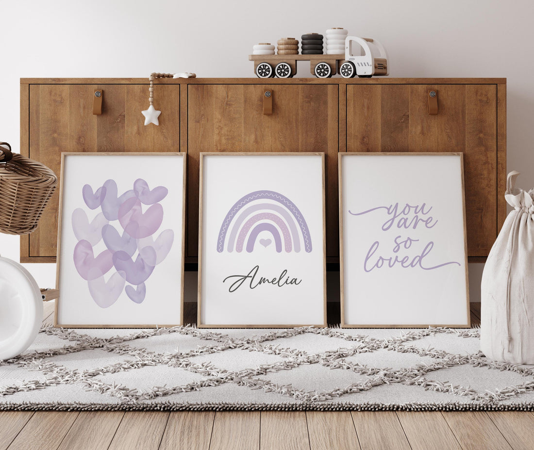 You Are So Loved Nursery Wall Art Set, Purple Rainbow Print