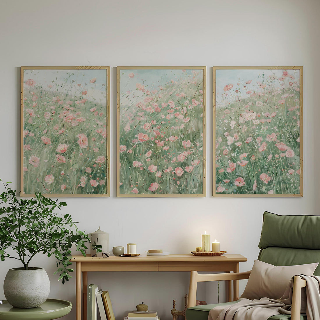 Pink Floral Wall Art Set of 3, Meadow Flower Prints