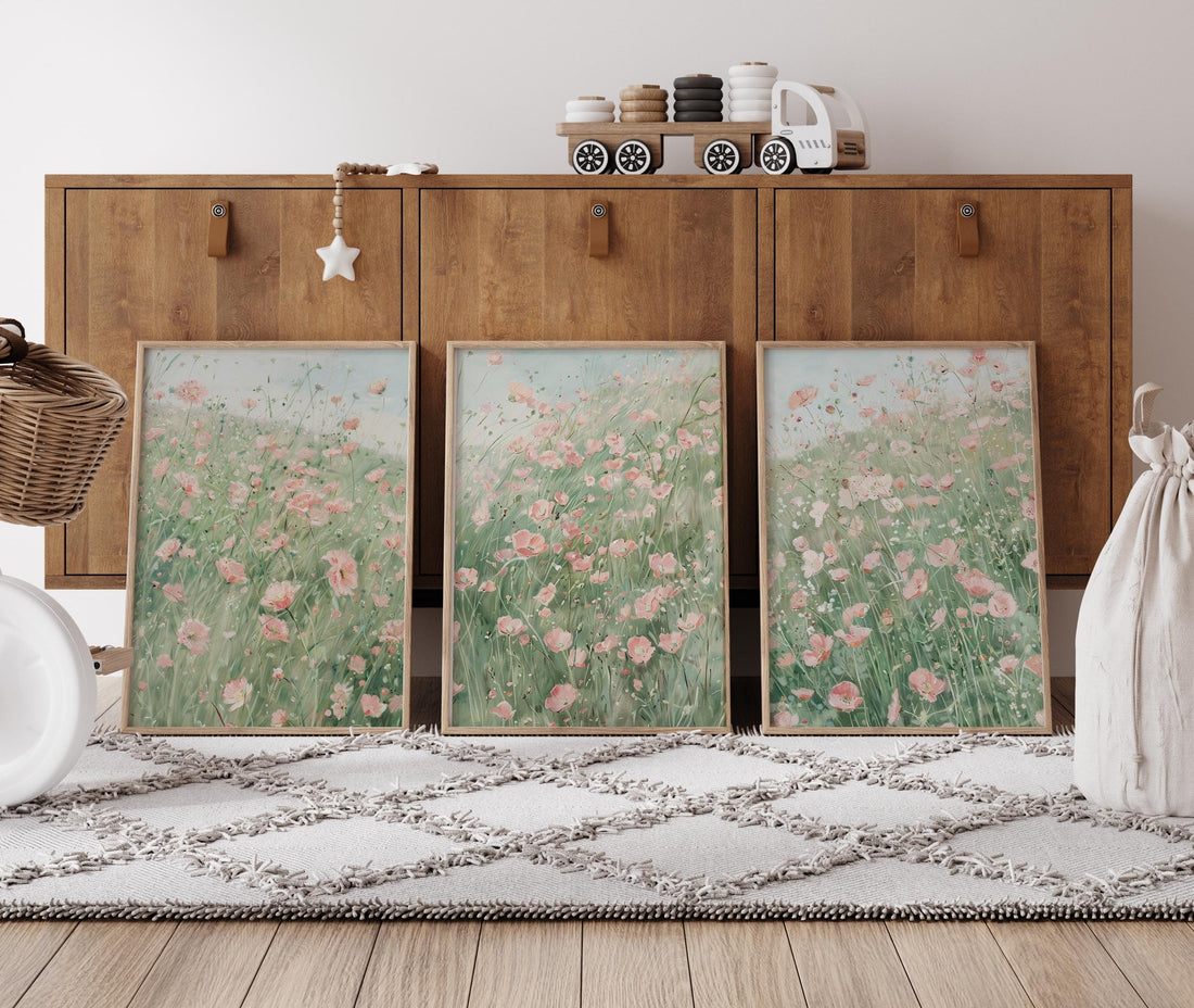 Pink Floral Wall Art Set of 3, Meadow Flower Prints