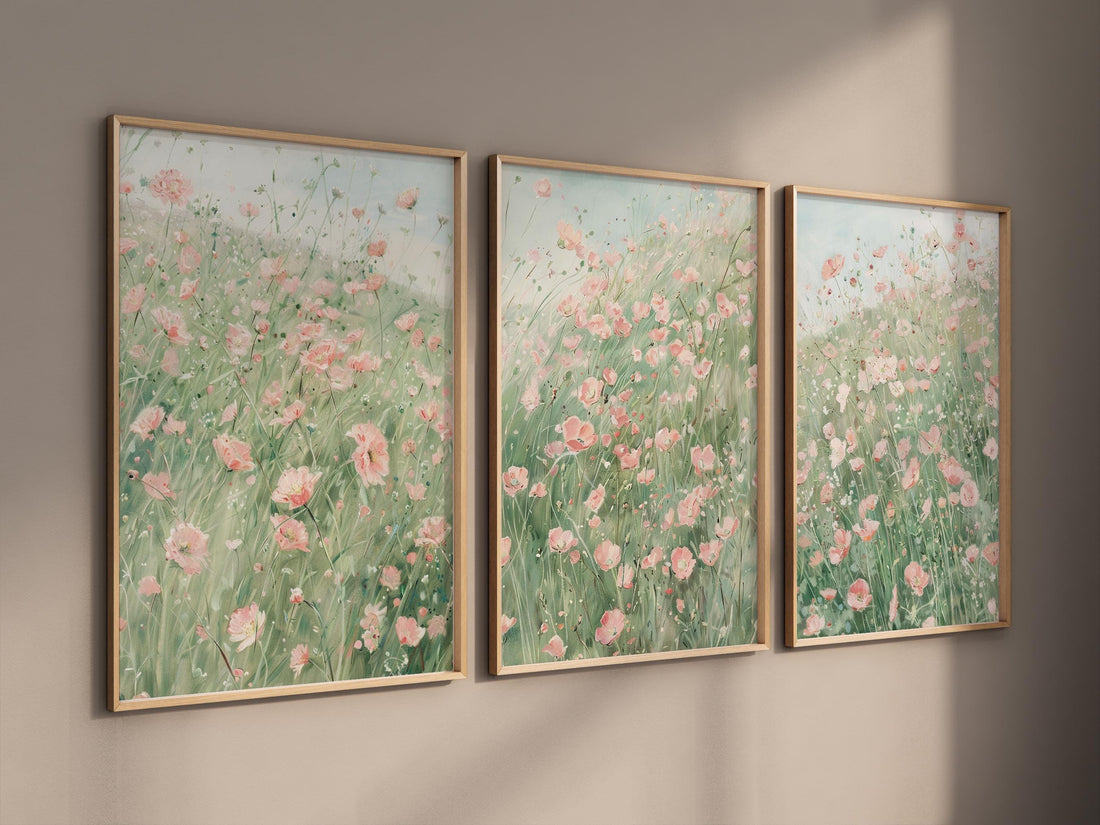 Pink Floral Wall Art Set of 3, Meadow Flower Prints