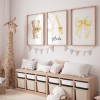 Yellow Bow Nursery Wall Art Set of 3, Teddy Bear Nursery Decor