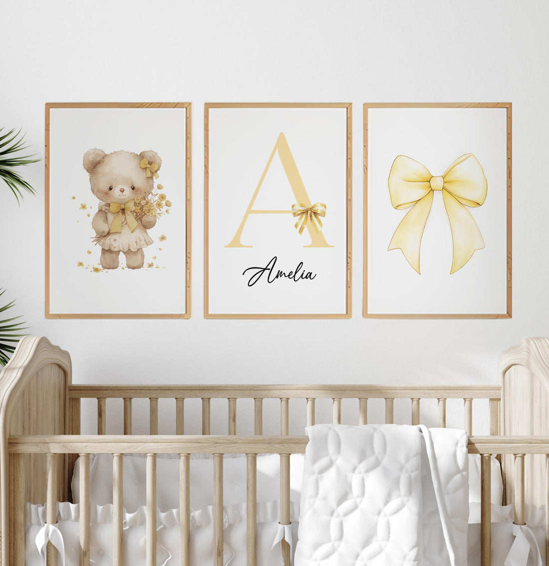 Yellow Bow Nursery Wall Art Set of 3, Teddy Bear Nursery Decor