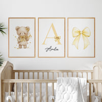 Yellow Bow Nursery Wall Art Set of 3, Teddy Bear Nursery Decor
