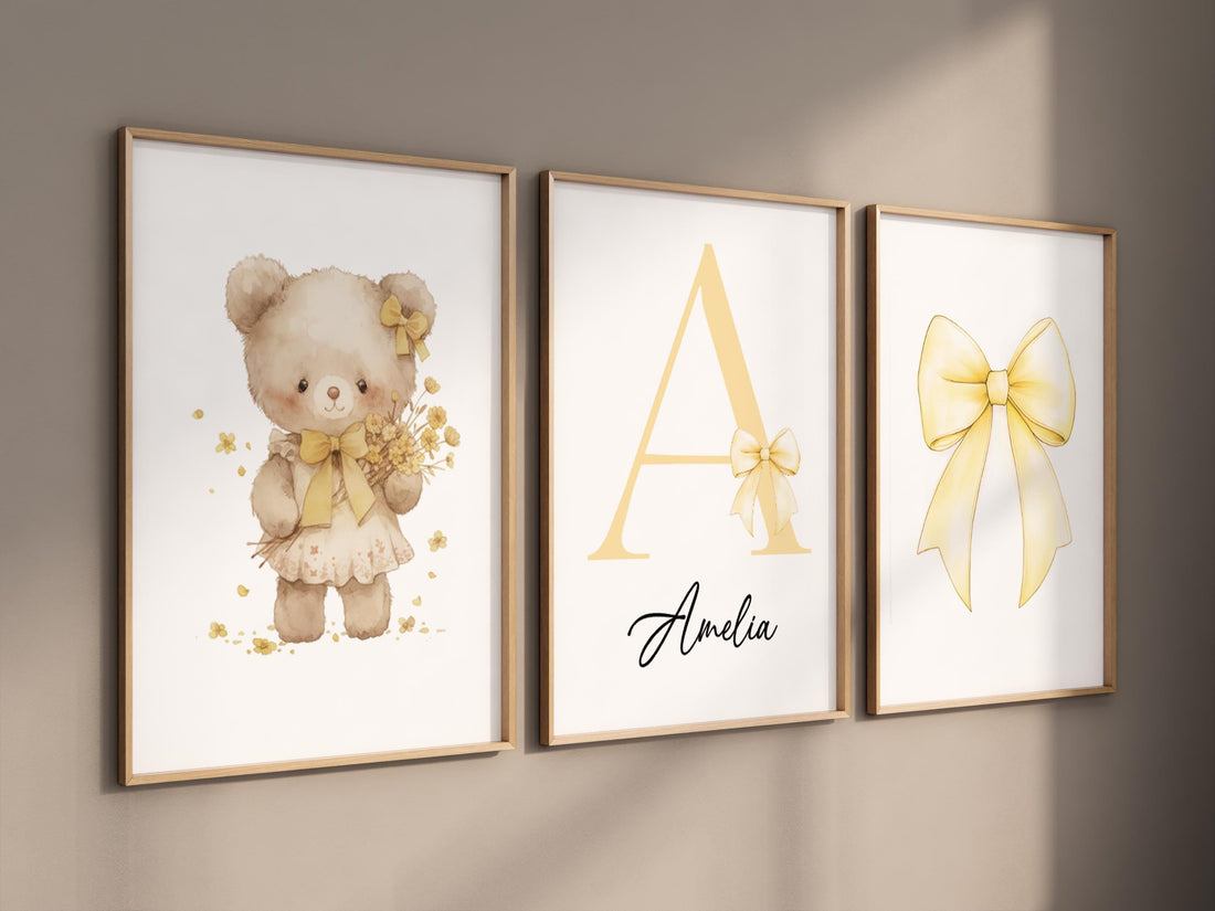 Yellow Bow Nursery Wall Art Set of 3, Teddy Bear Nursery Decor