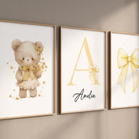 Yellow Bow Nursery Wall Art Set of 3, Teddy Bear Nursery Decor