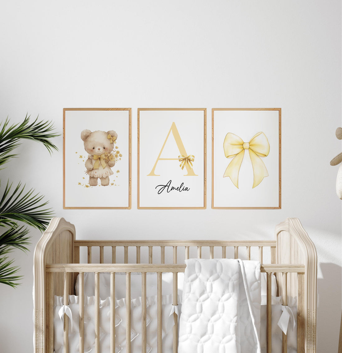 Yellow Bow Nursery Wall Art Set of 3, Teddy Bear Nursery Decor