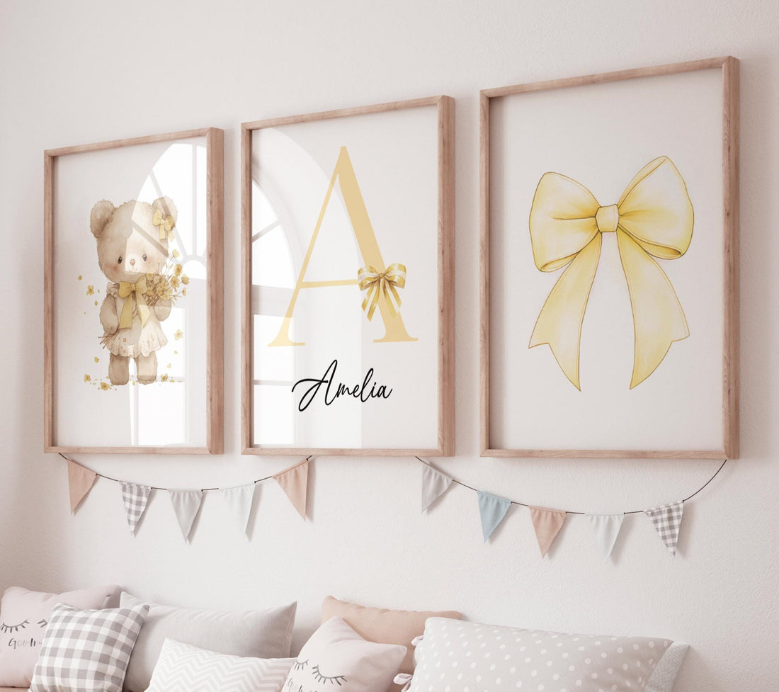 Yellow Bow Nursery Wall Art Set of 3, Teddy Bear Nursery Decor